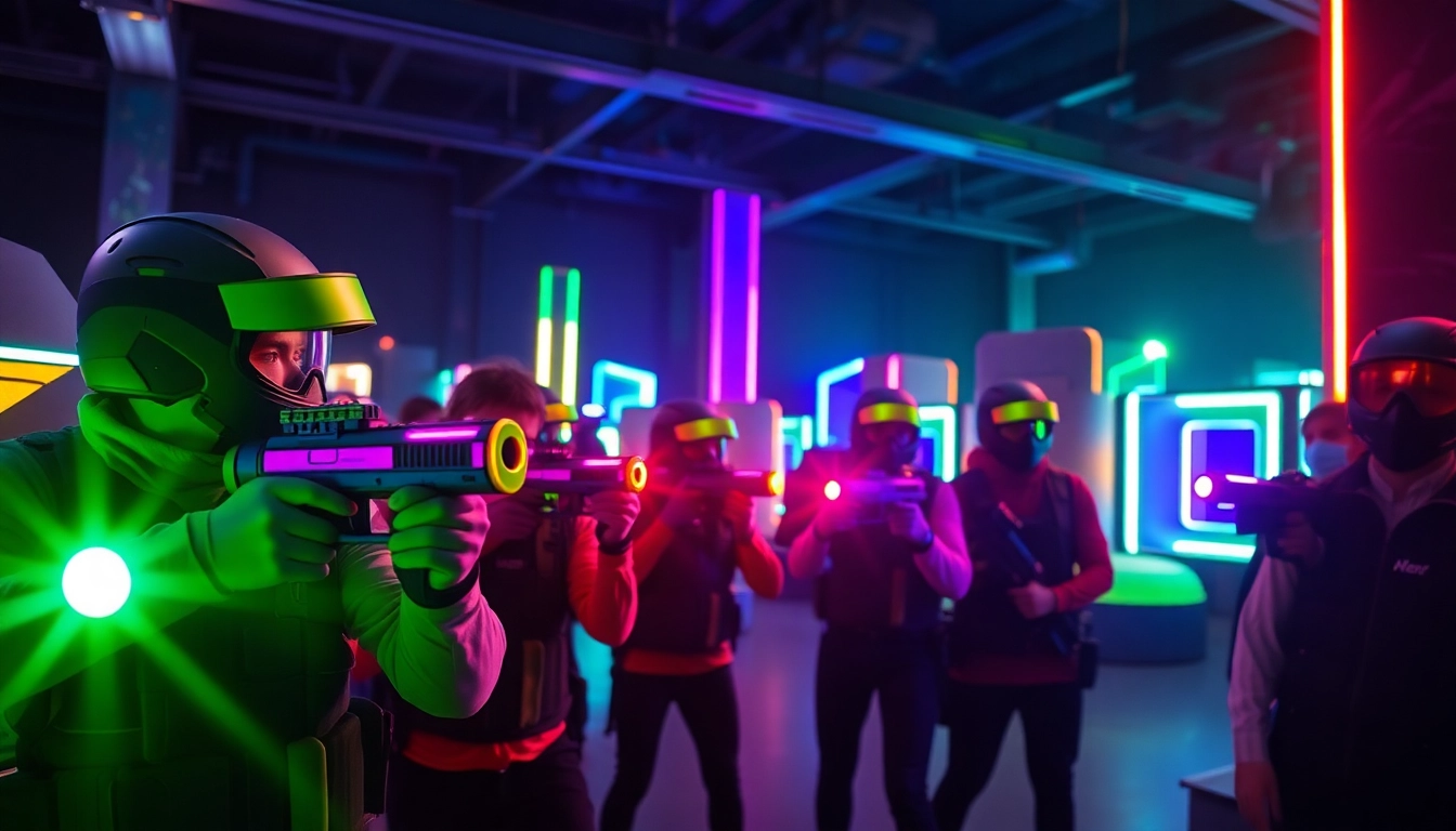 Engaged players competing in laser tag, showcasing an energetic arena with colorful lights and equipment.