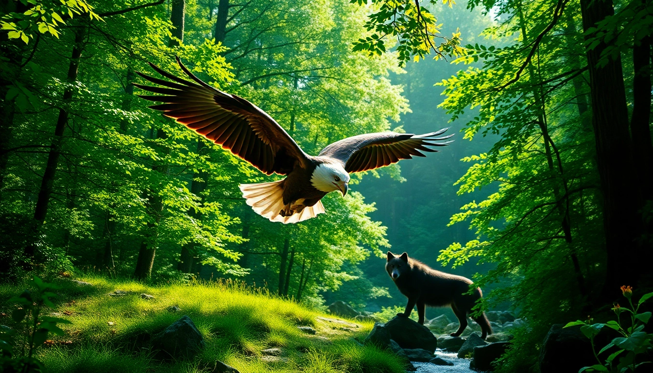 Engaging wildlife scene with a majestic eagle representing www.sudswild.com amidst a vibrant forest.