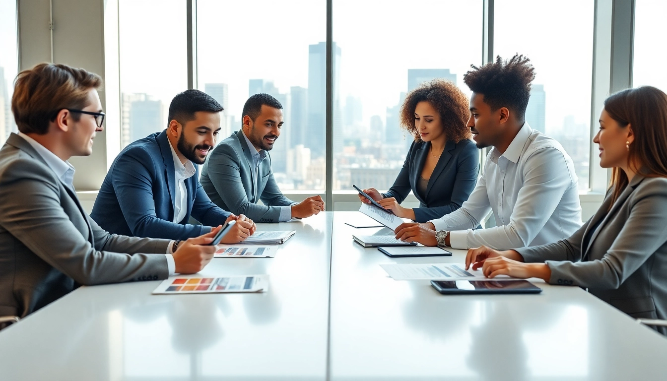 Team strategizing trade marketing techniques in a modern office meeting.