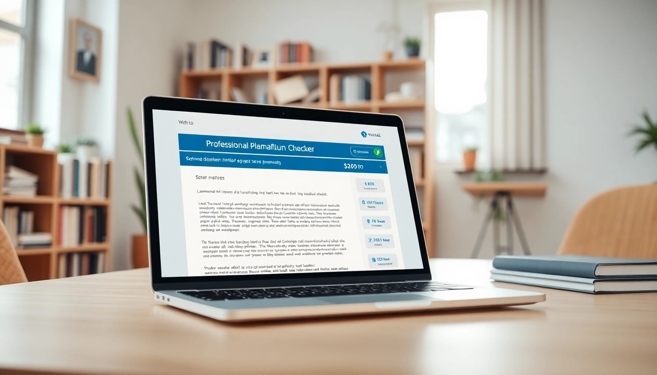 Check documents for plagiarism using a professional plagiarism checker interface on a laptop.