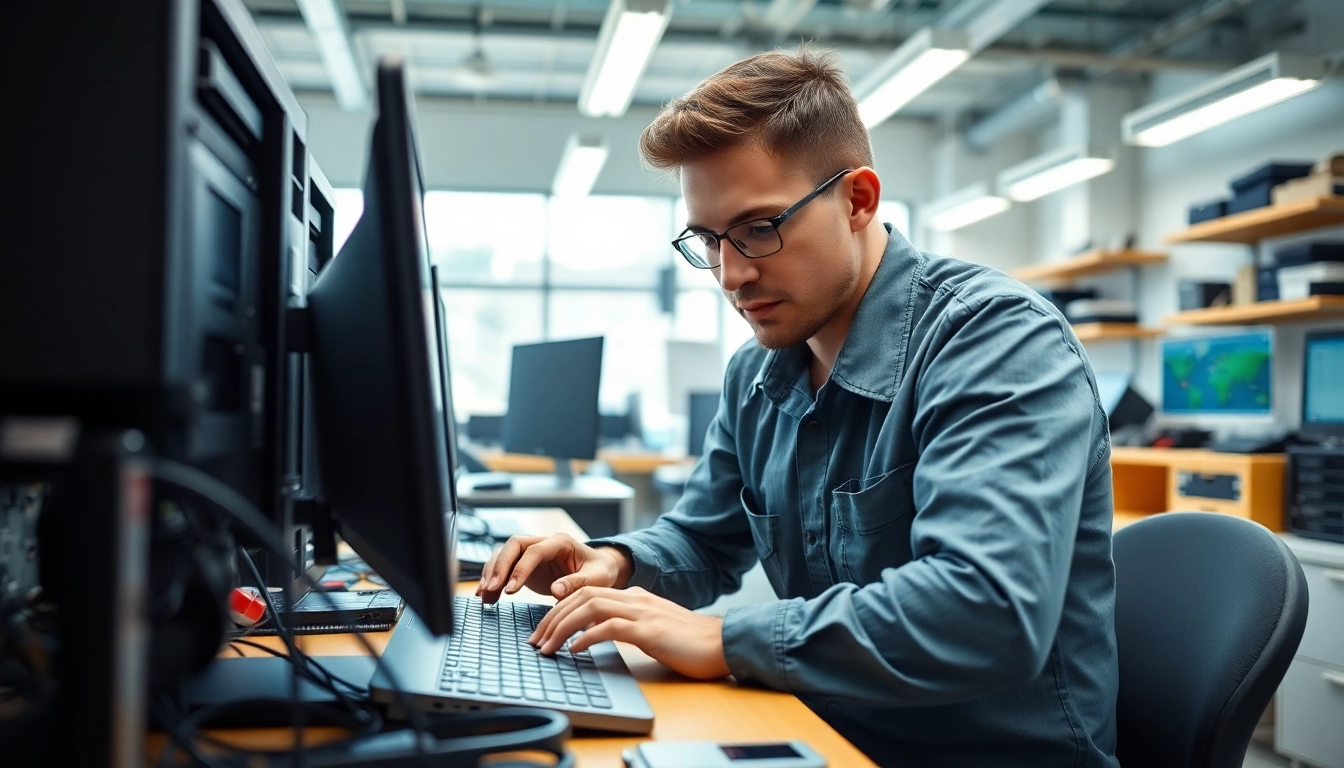 Riparazione computer torino: tecnico esperto che lavora su computer in un laboratorio moderno.