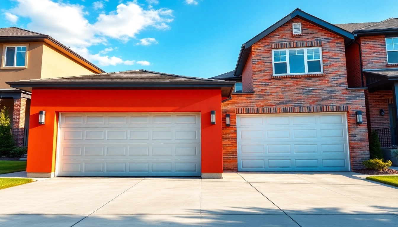 Showcasing custom garages with modern designs in a beautiful neighborhood setting.