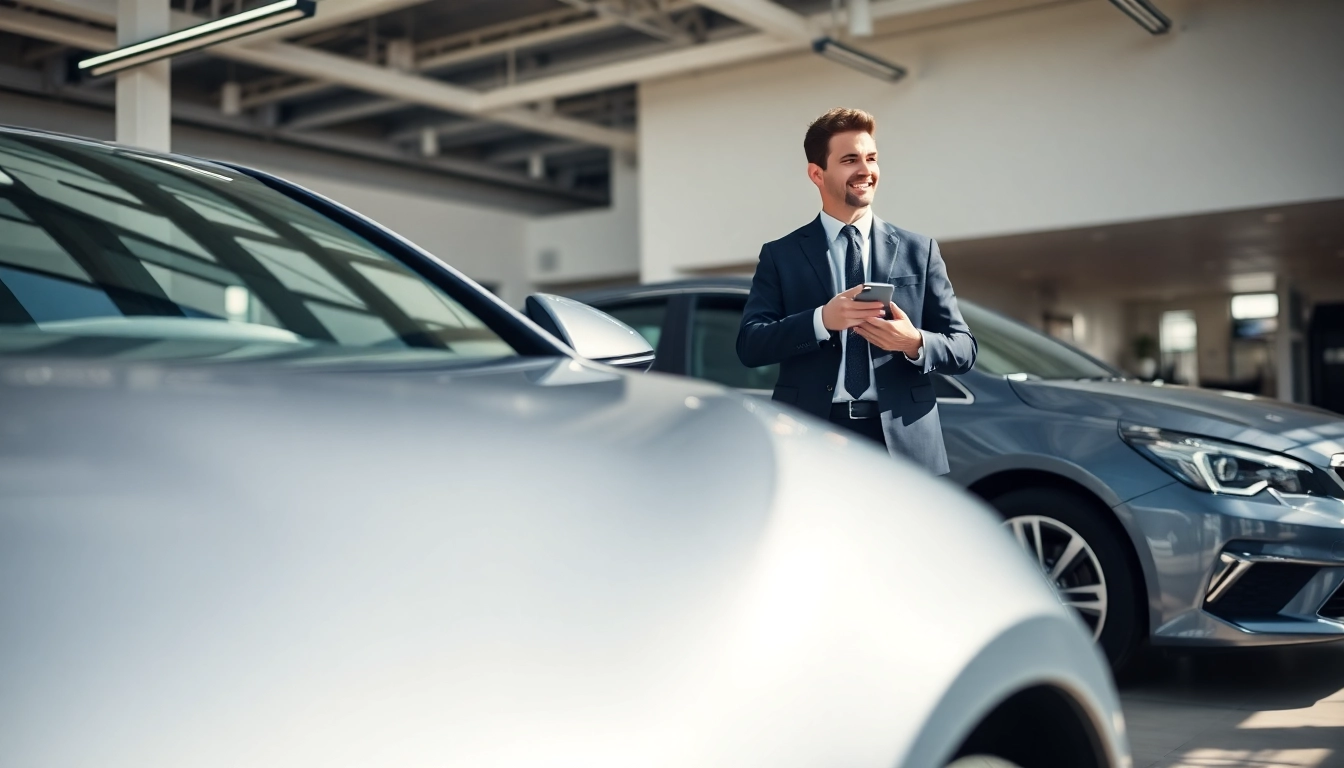 Engaging conversation about Part Exchange at a modern car dealership showroom.