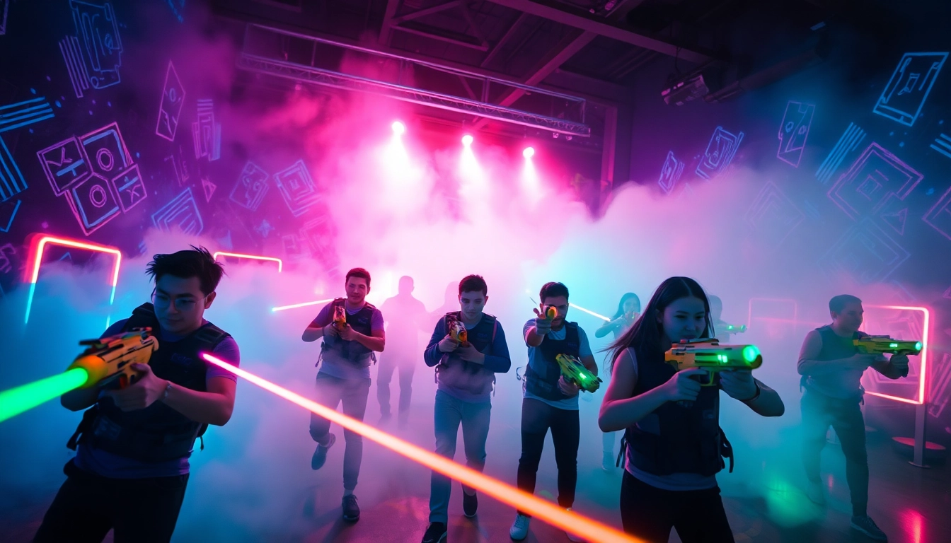 Exciting laser tag players in action with neon lights and high-tech gear.