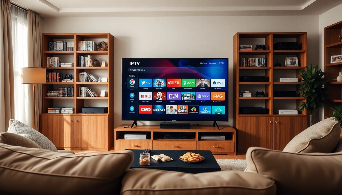 Experience IPTV Subscription USA visuals with a modern living room setup showcasing a variety of entertainment options.