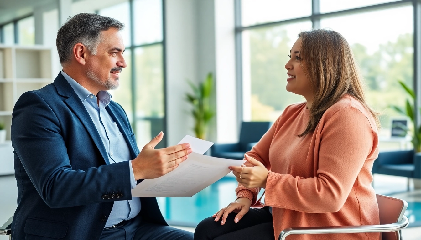 Discussing swimming pool financing options with a finance advisor in a modern office.