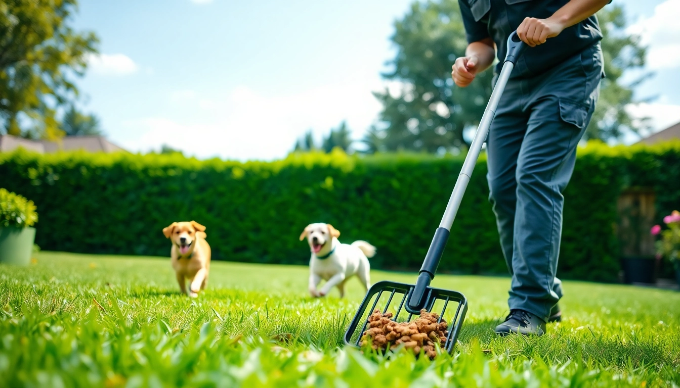 Dog poop cleaning service technician scooping waste in a vibrant yard.