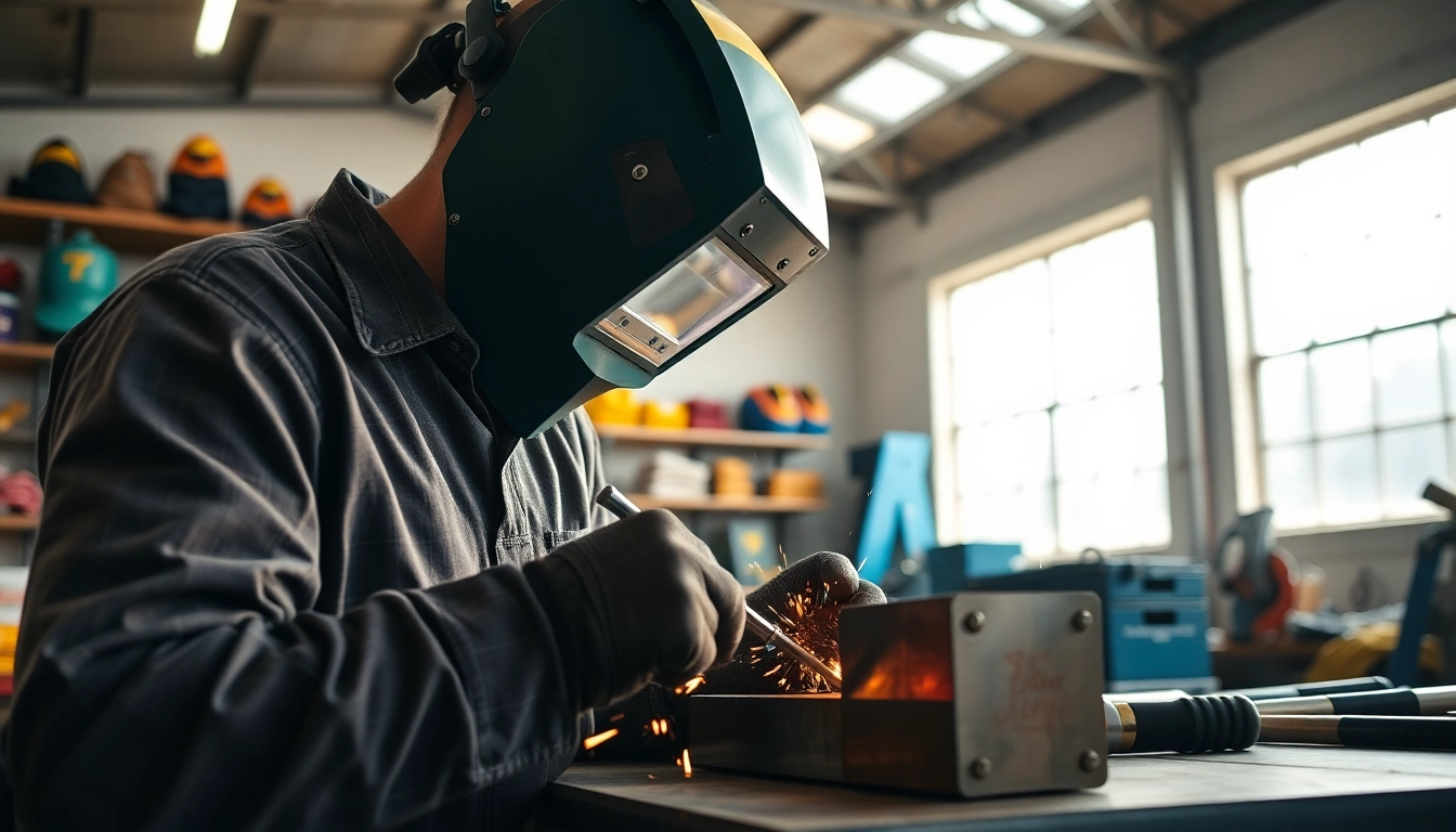 Shop for high-quality welding supplies near me in a well-lit workshop with tools and protective gear.