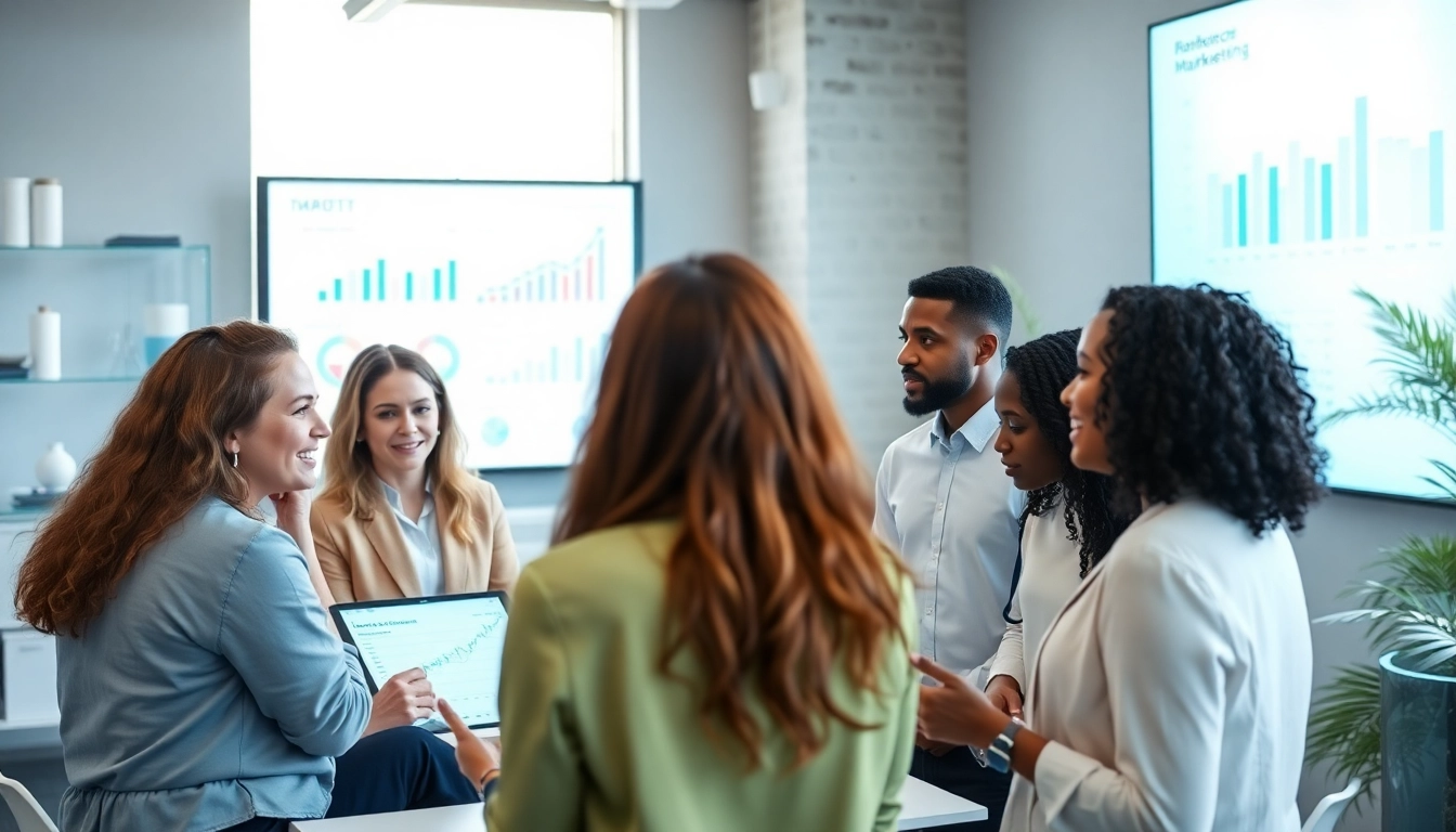 Implement strategic trade marketing solutions in a bustling office environment.