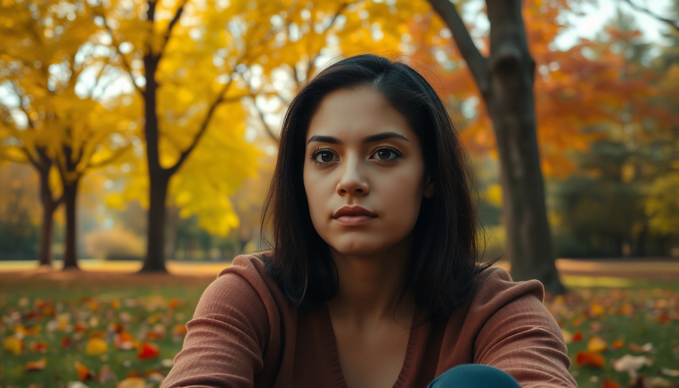 Reflective scene depicting a person dealing with grief in a peaceful autumn park.