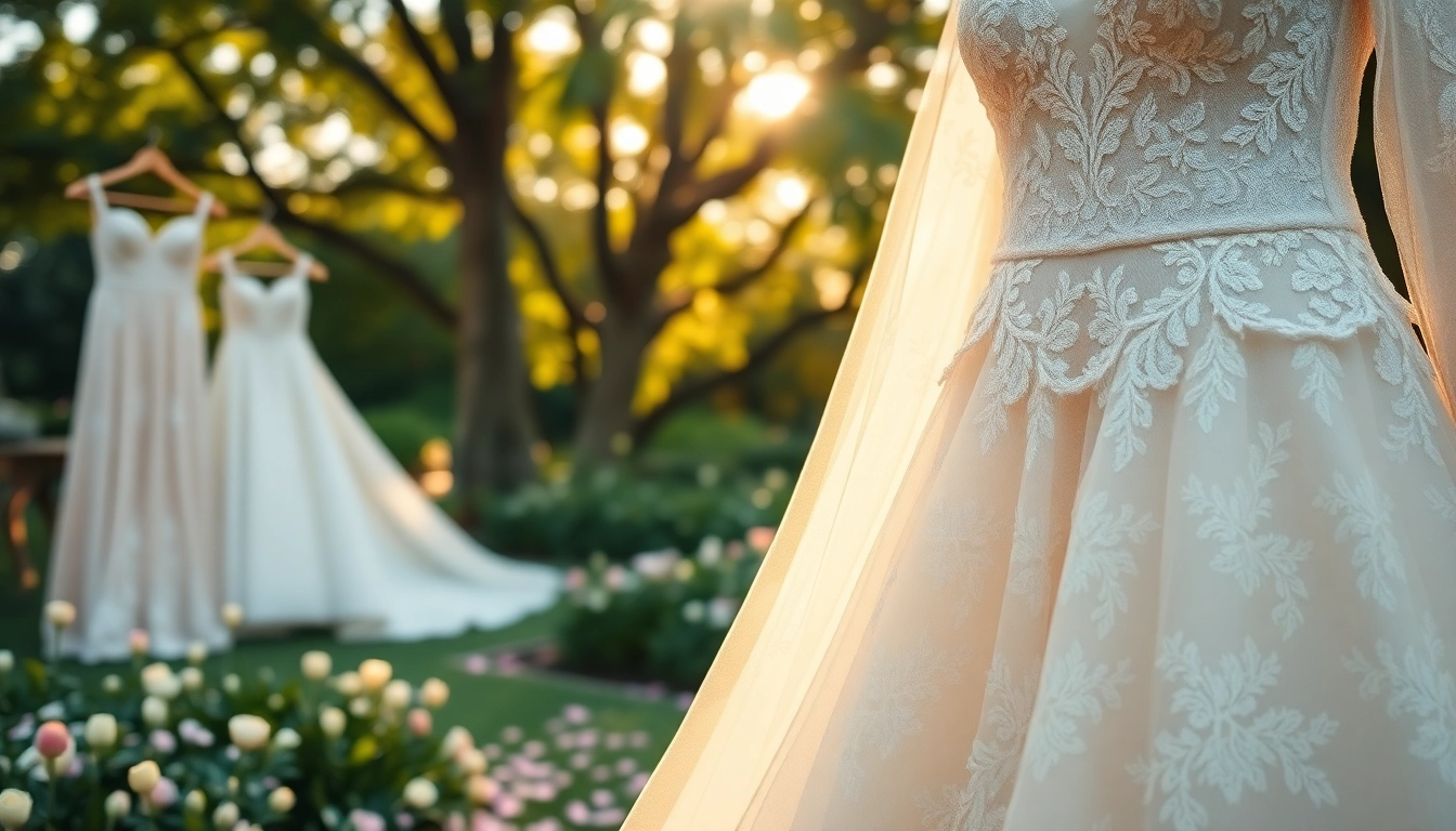 Capture the beauty of lace wedding dresses showcased in a romantic garden with delicate details.