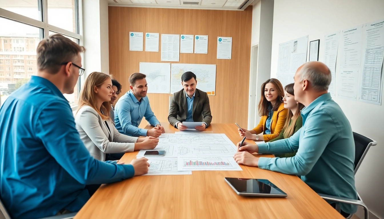 Engaged team discussing level 7 nvq diploma in construction senior management answers in a modern office.