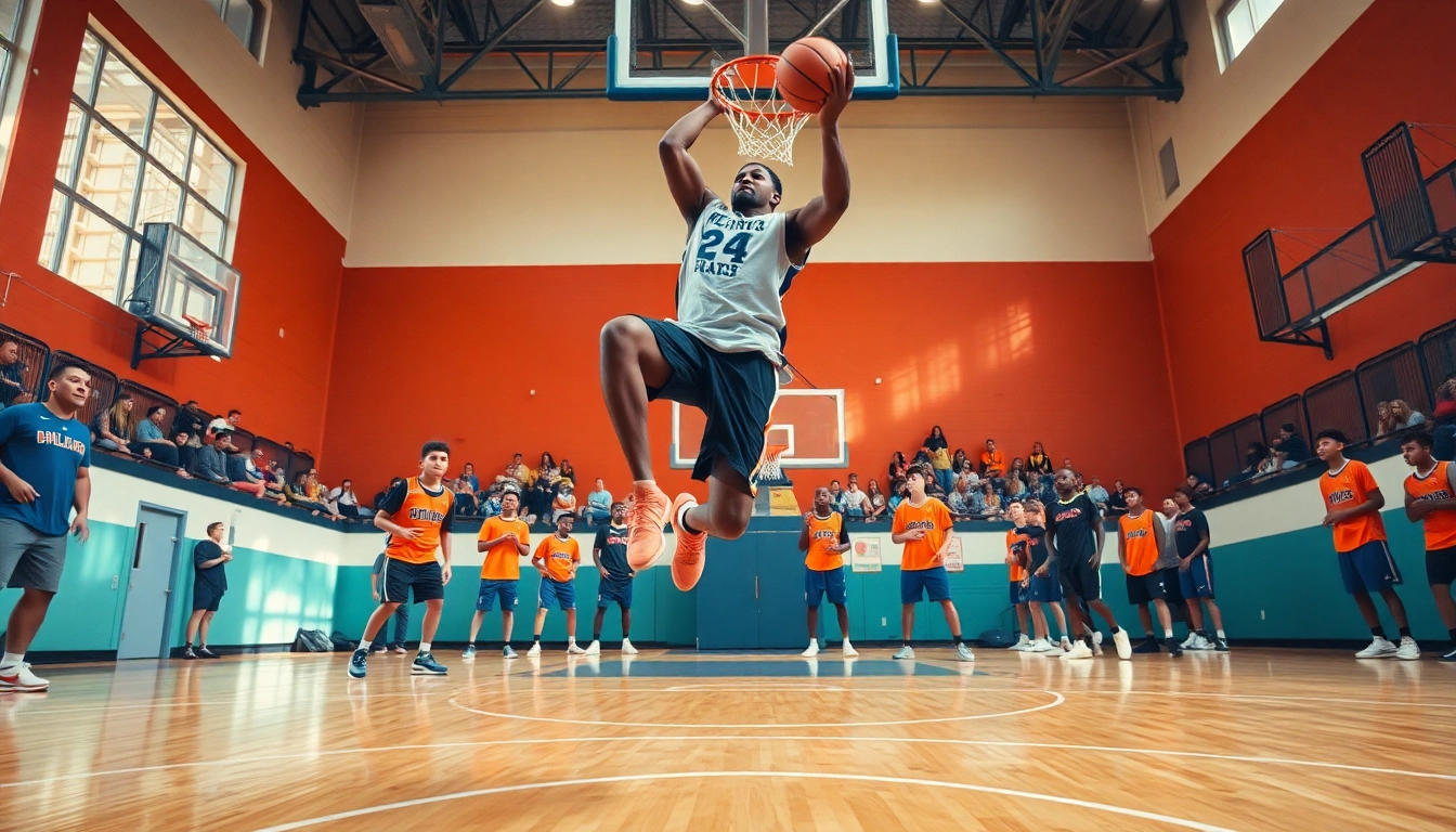 Young athlete executing a dunk at Takeover Basketball Academy training session.
