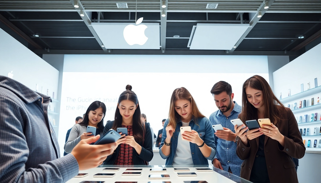 Buy iPhone models showcased in a vibrant retail environment with modern designs.