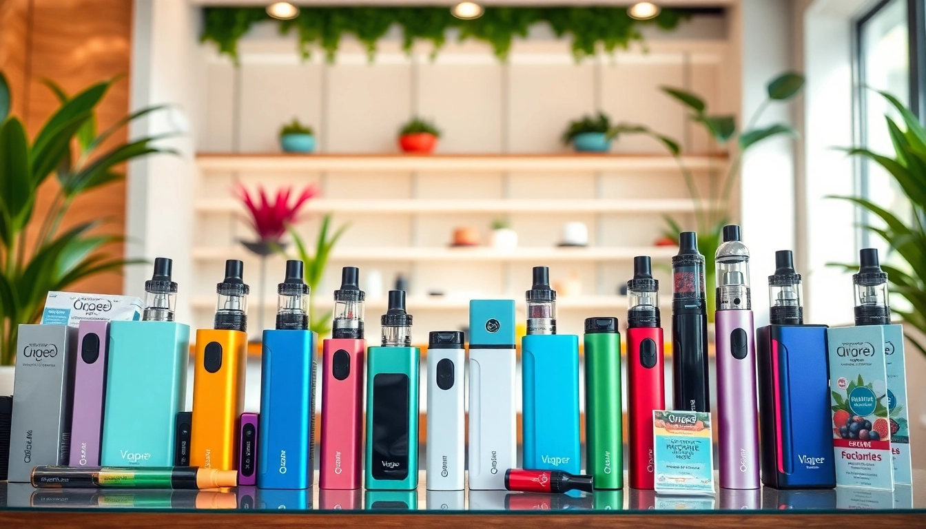 Showcase of nicotine free vapes with modern designs in a vibrant setting