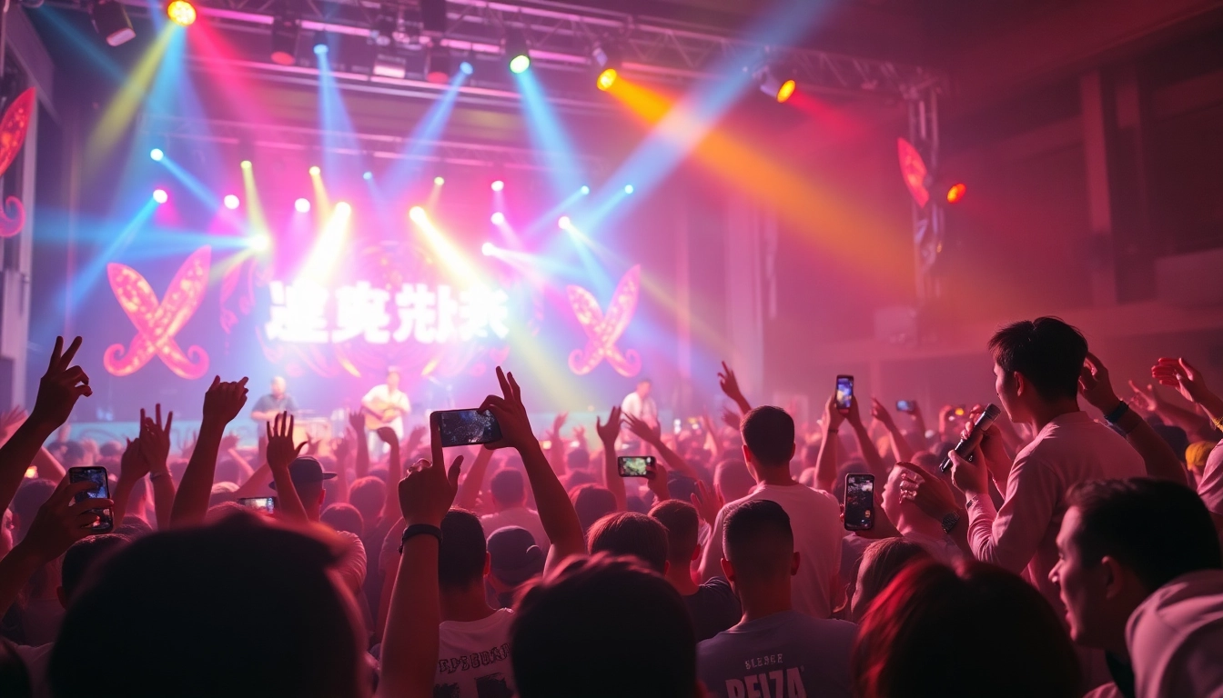 Capture the excitement of 汽水音乐海外 with musicians and vibrant concert lights illuminating the crowd.