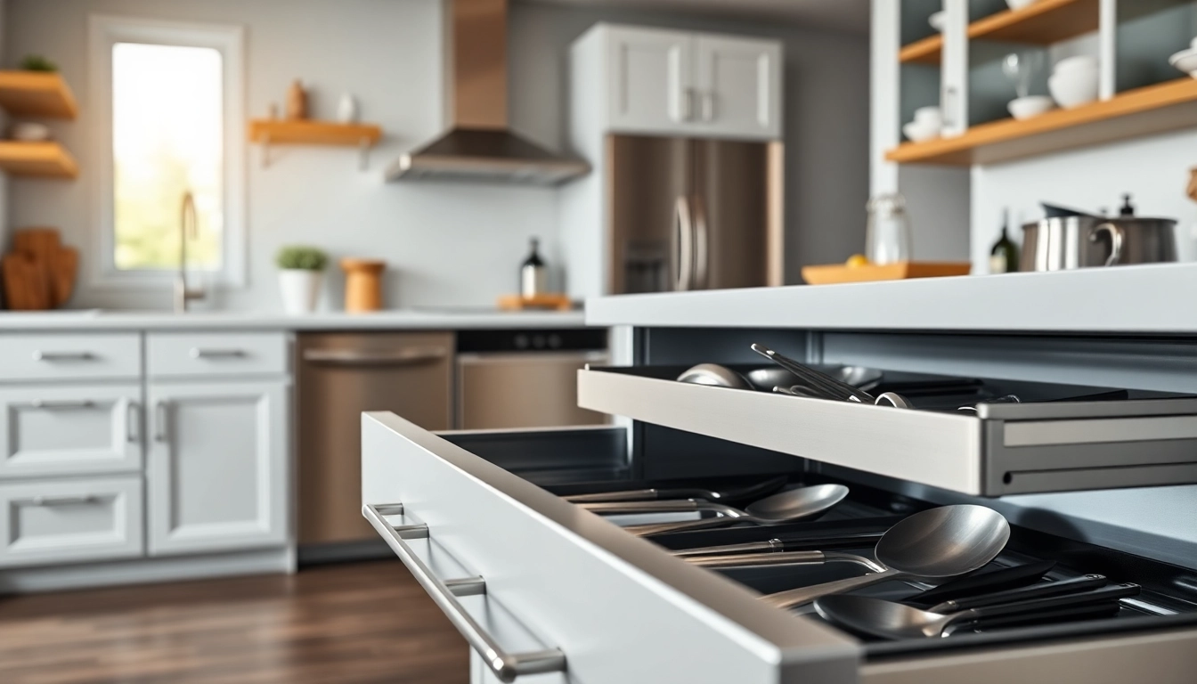 View of a Metal Drawer System in a modern kitchen, highlighting sleek design and efficient organization.