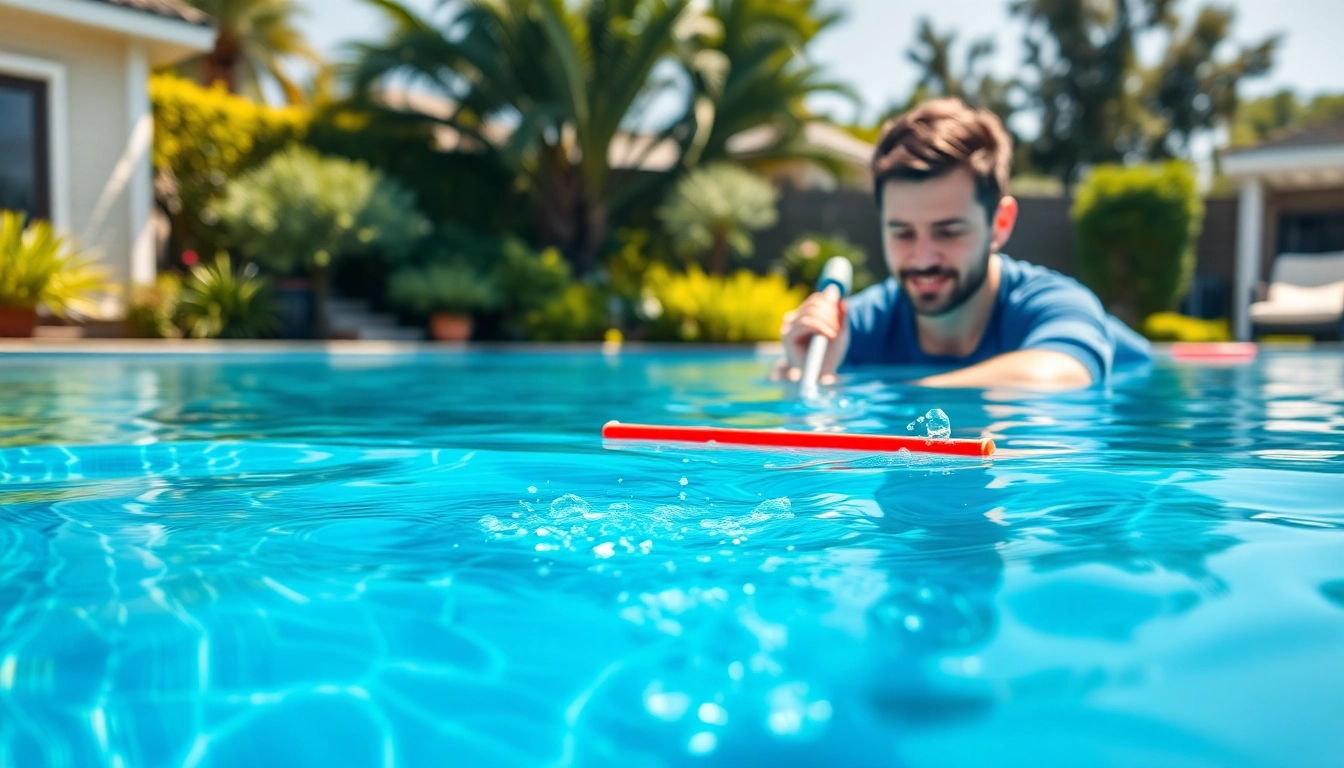 Skilled technician performing a pool cleaning service near me with clear water and lush garden.