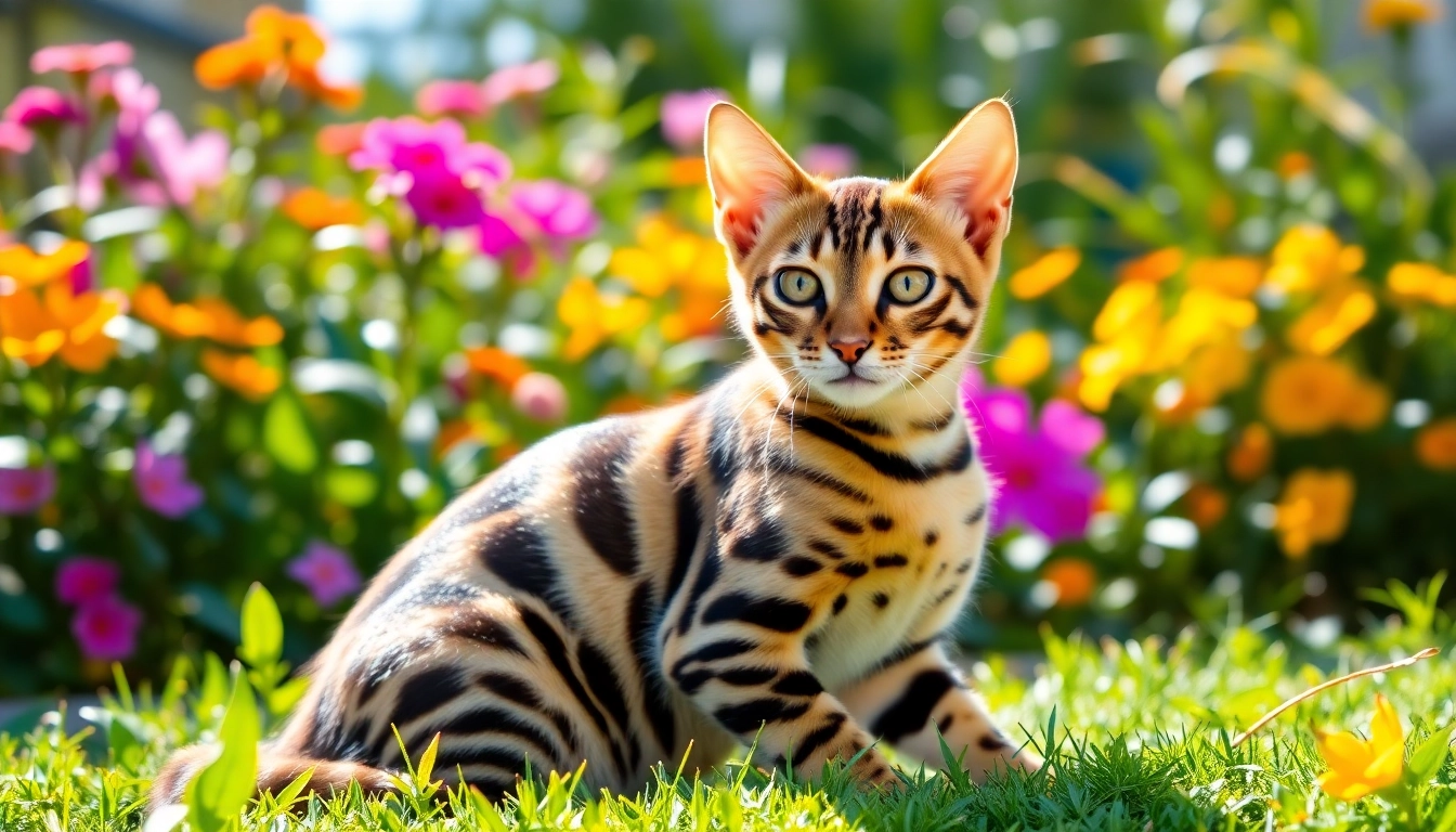 Bengal Breeders Orange County showcase regal Bengal cat in a sunlit garden setting.