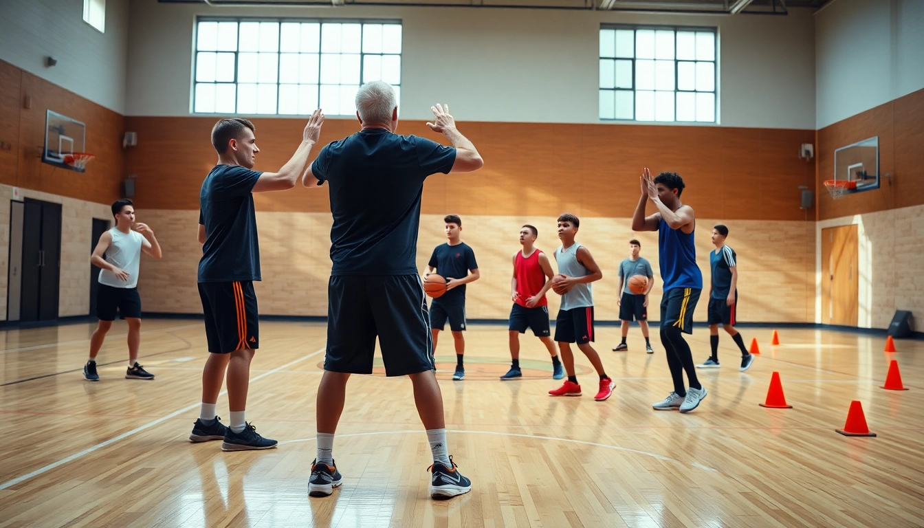 Engaged athletes improving through the best basketball training programs in a vibrant indoor scene.