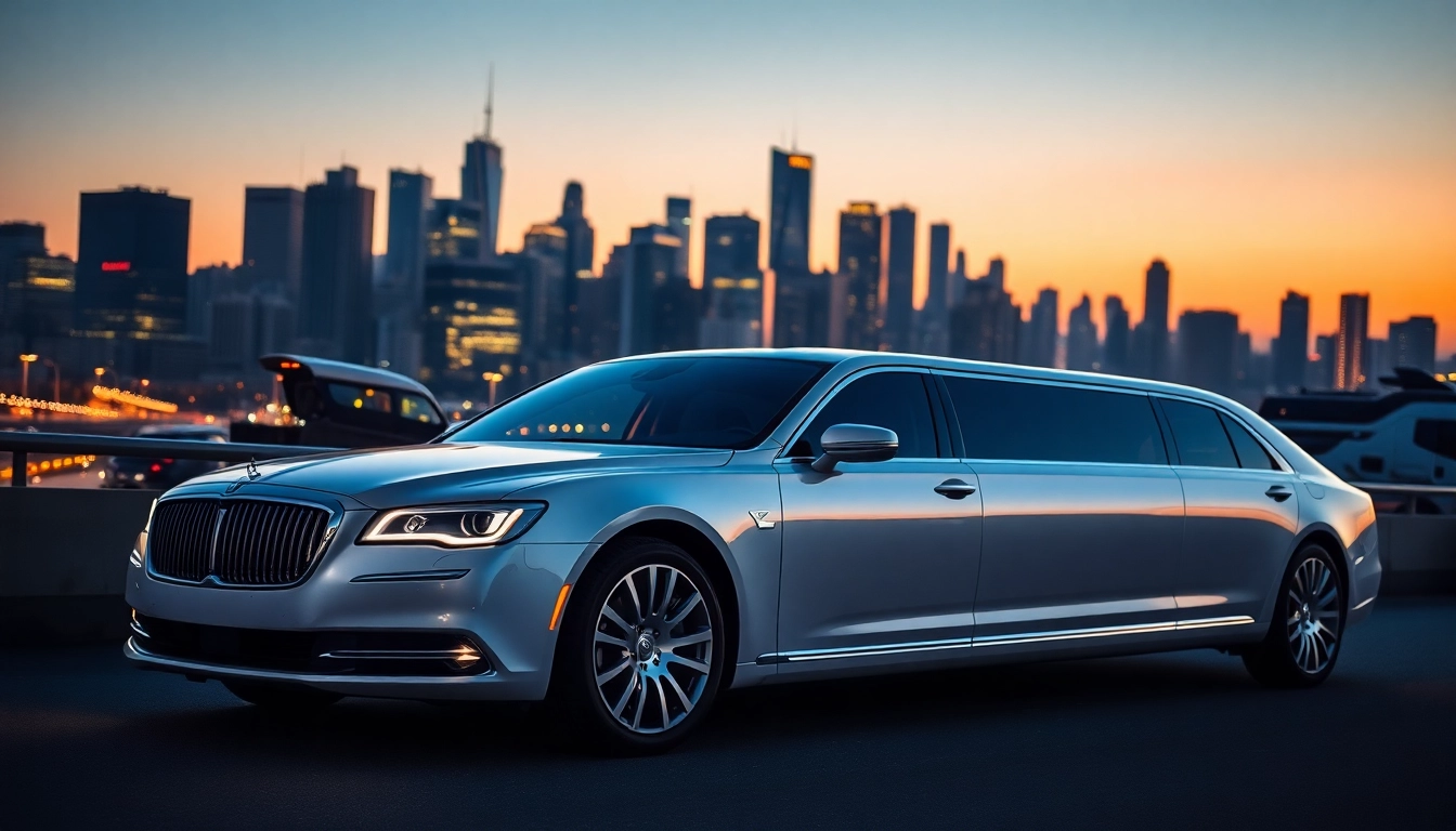 Elegant car service atlanta featuring a luxurious limousine in a city setting at sunset.
