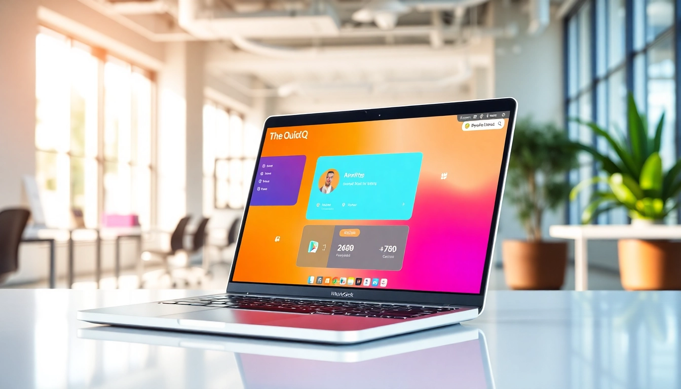 Engage with quickq官网 interface on a laptop in a modern workspace filled with natural light.
