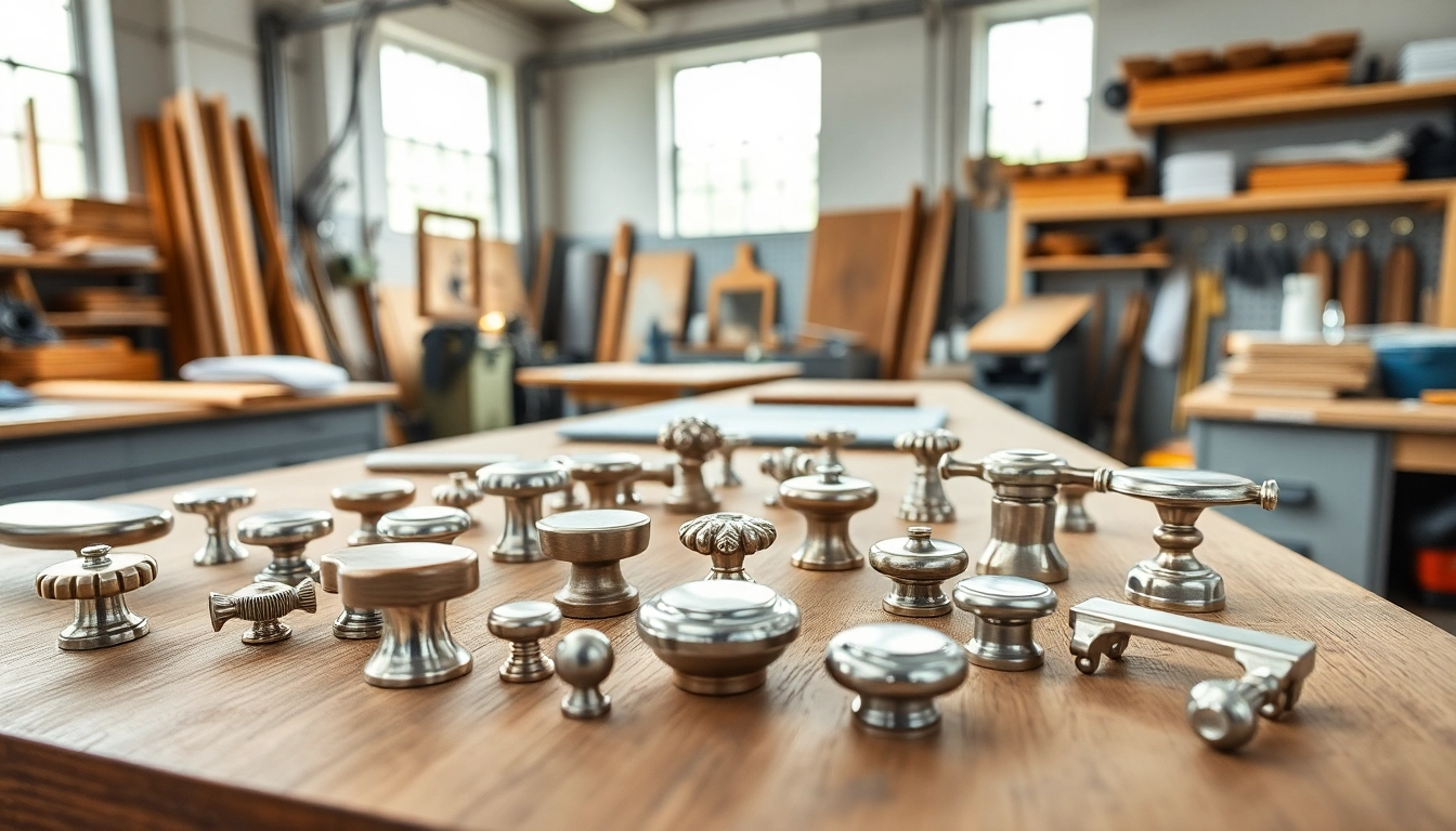 Showcase of furniture hardware manufacturers featuring premium knobs and pulls in a modern workshop setting.