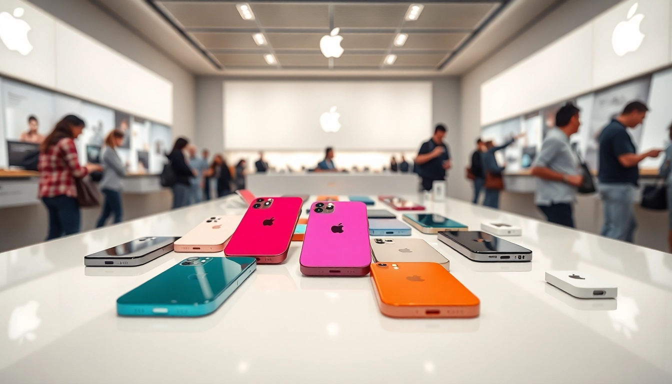 Shop to buy iPhone at a modern Apple's sleek retail space showcasing diverse models.