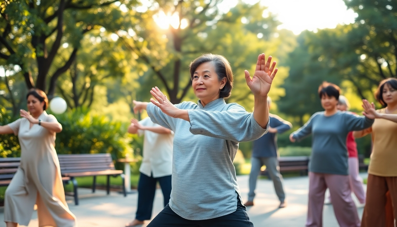 Learn Tai Chi at Home with a woman practicing Tai Chi outdoors surrounded by greenery.