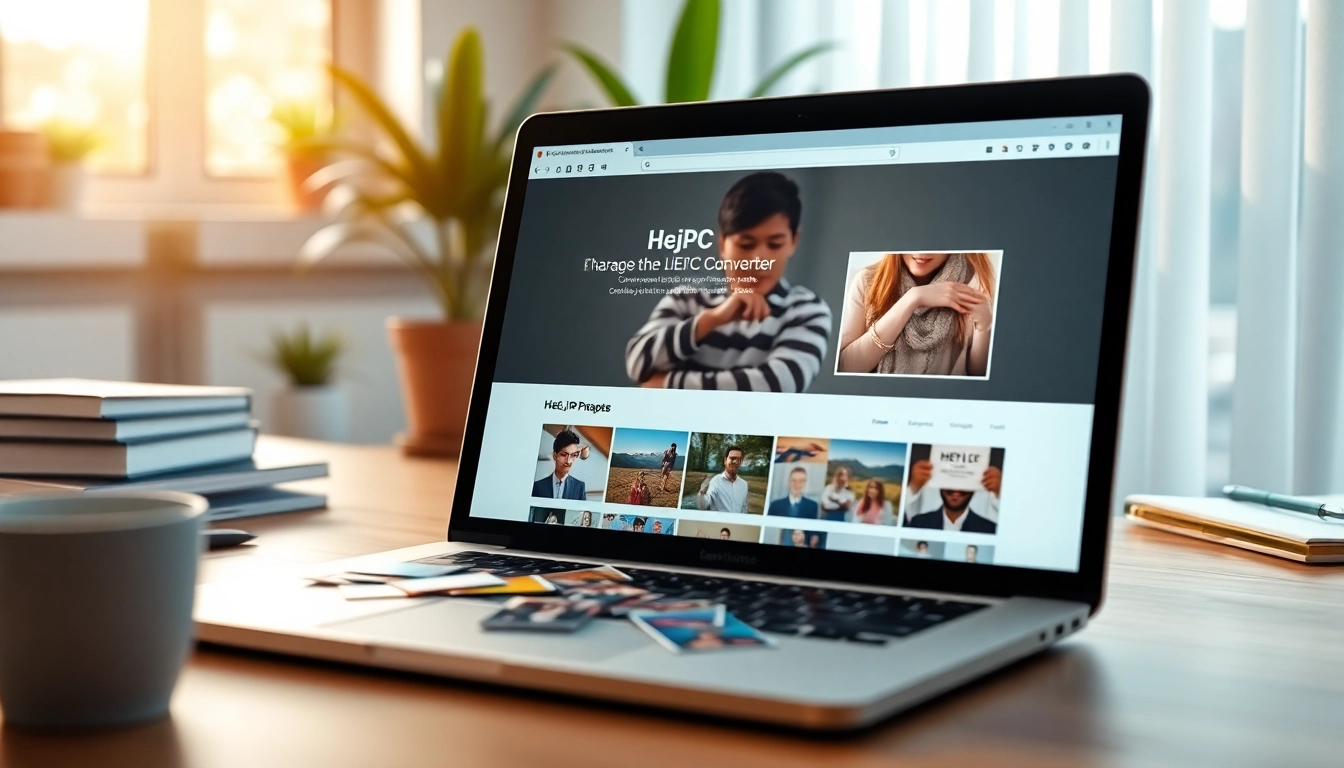 Converti HEIC in JPG facilmente con questo strumento online, visualizzando il processo su un laptop elegante.