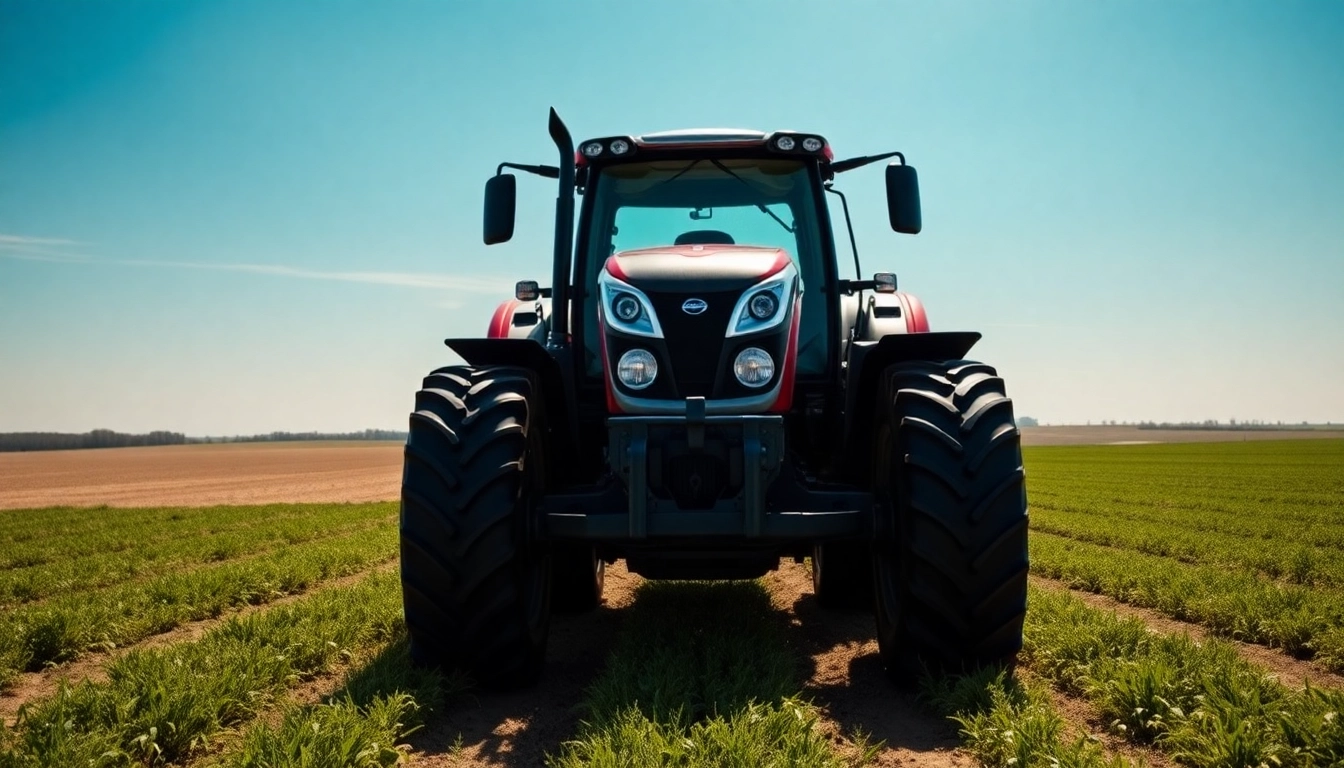 Massey Ferguson Traktor fährt durch ein weitläufiges Feld mit klar blauem Himmel.
