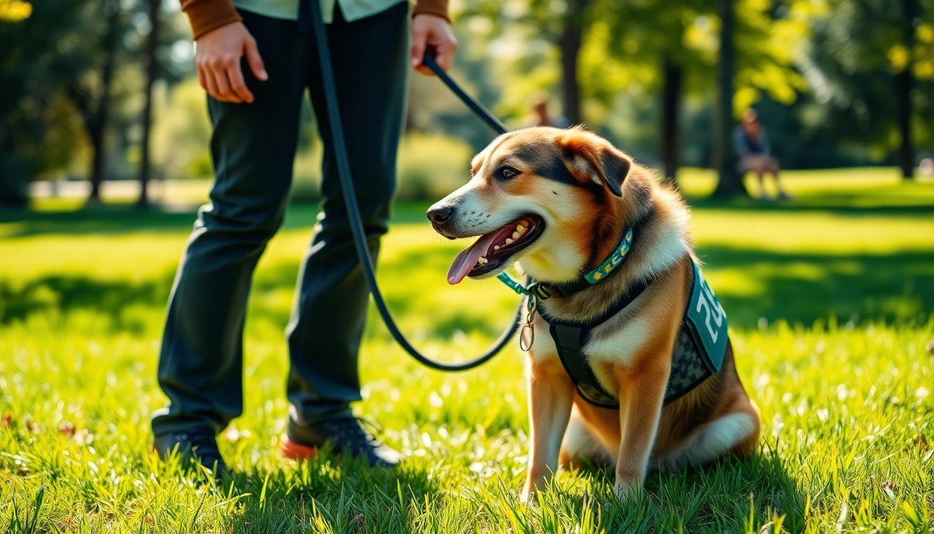 Get a service dog working with its handler in a sunny park setting, showcasing their strong bond.