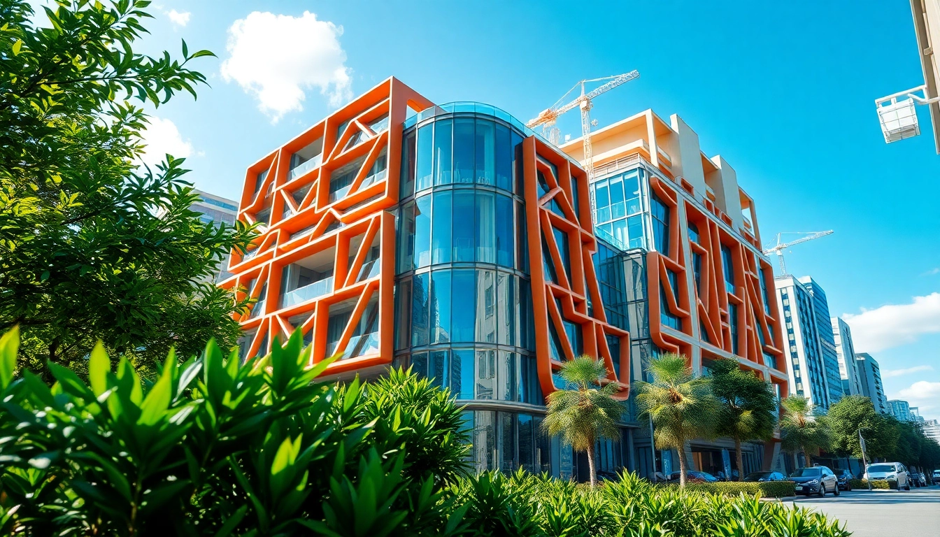Architekturvisualisierung eines modernen Gebäudes in urbaner Umgebung mit lebendigen Farben.