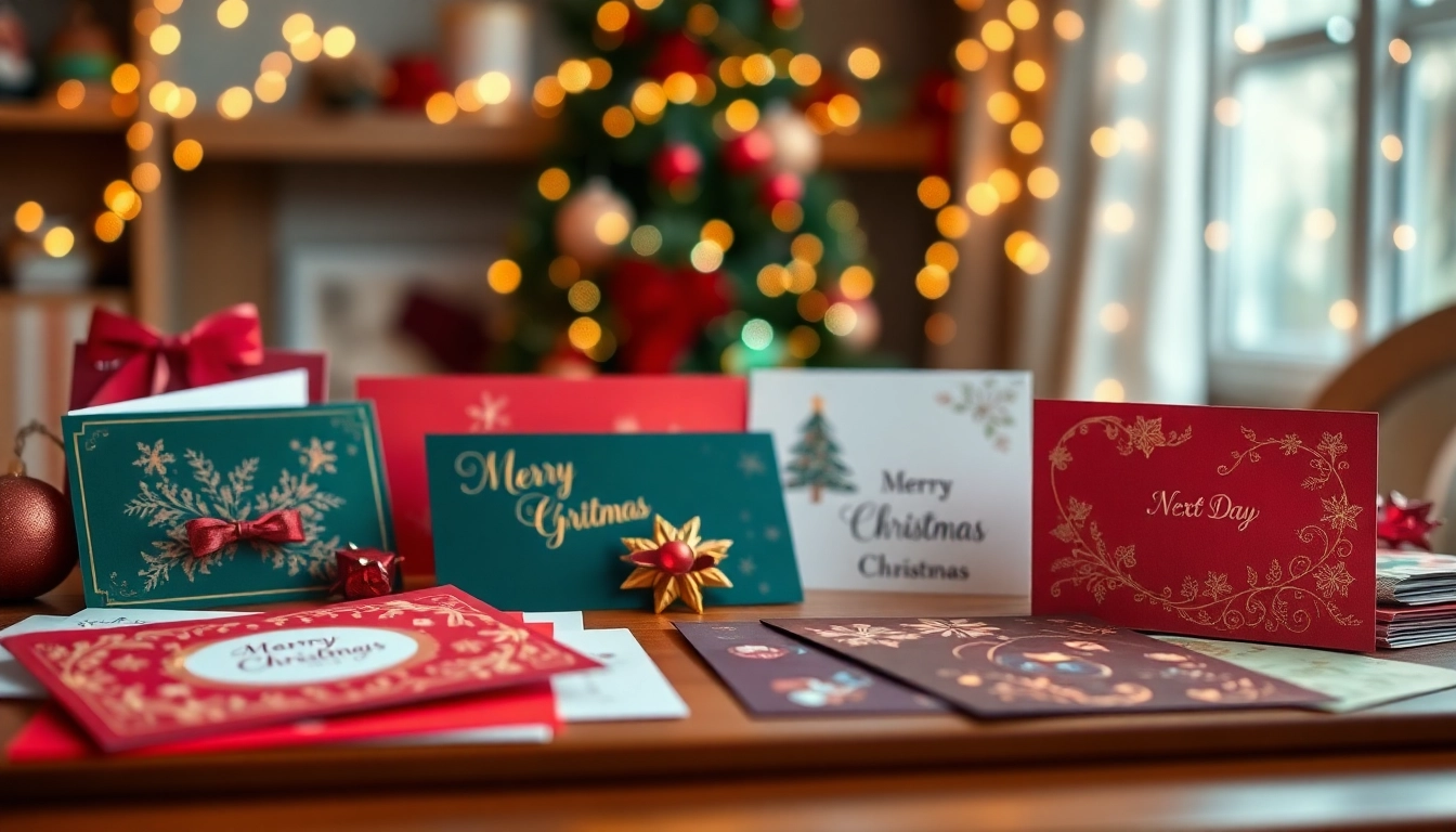 Browse next day Christmas cards featuring unique designs in a festive setting with personal messages.