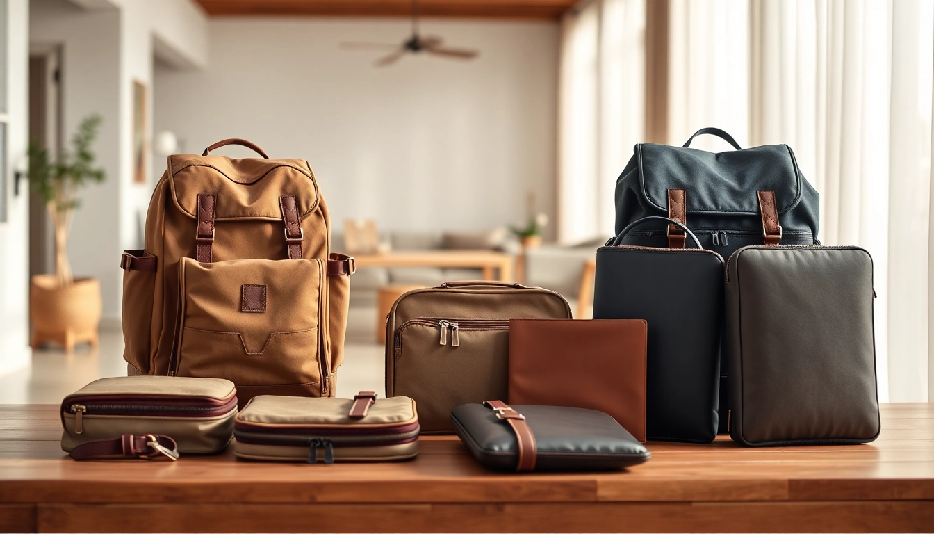 Showcase travel gears including stylish backpacks and packing cubes on a wooden table.