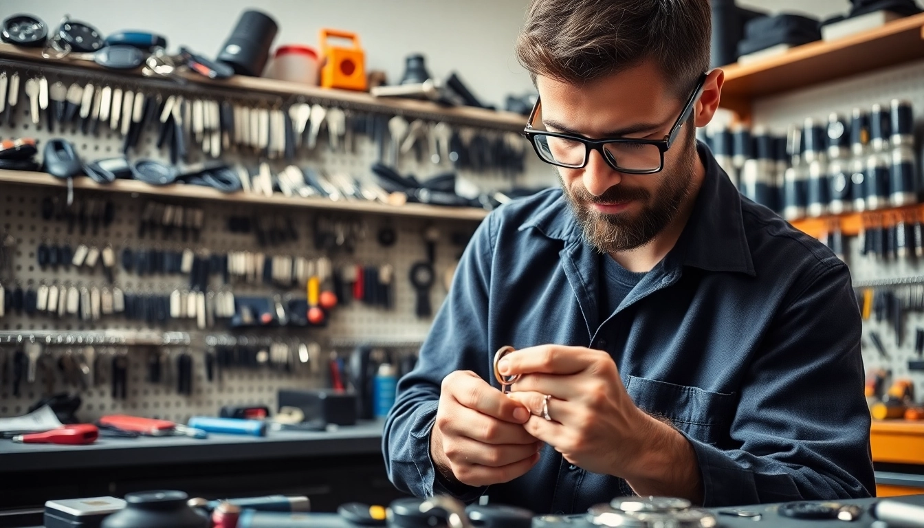 Locksmith recovering lost car keys in a modern workshop with tools and keys.