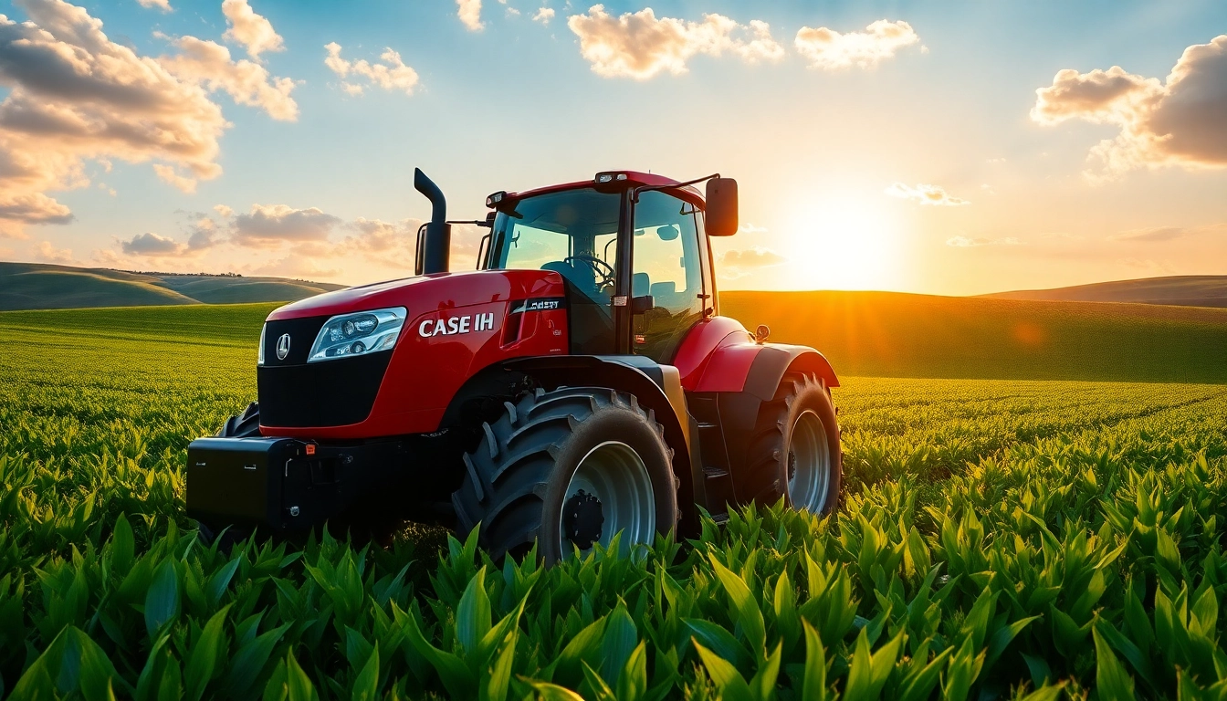 Case-ih Traktor auf einem Feld während des Sonnenuntergangs, der Robustheit und Effektivität demonstriert.