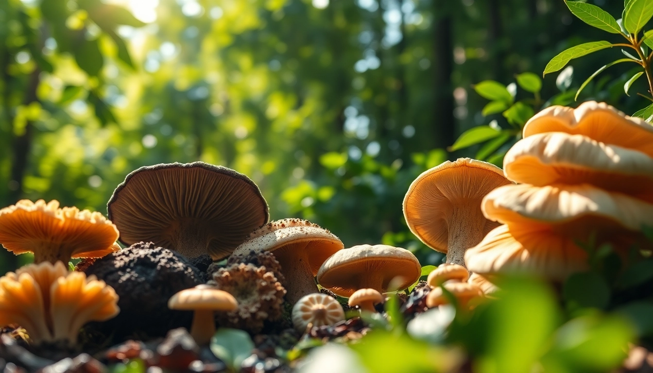 Highlighting the health benefits of Mushroom Complex with various mushrooms in a serene forest.