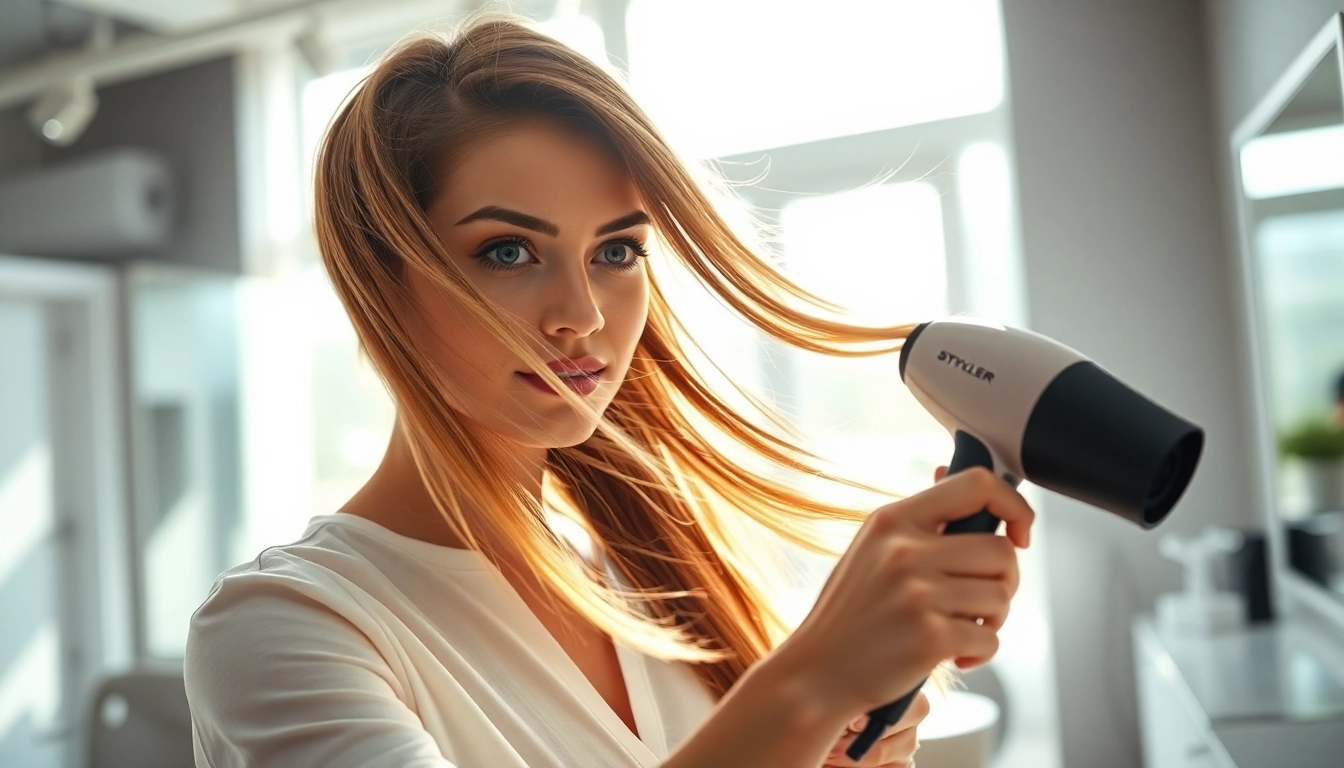 Styler hair dryer being expertly used by a stylist in a modern salon atmosphere.