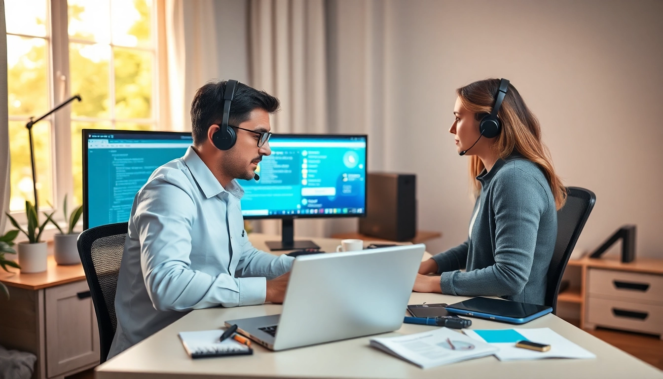 Provide computer support in a cozy home office with a technician assisting a client.