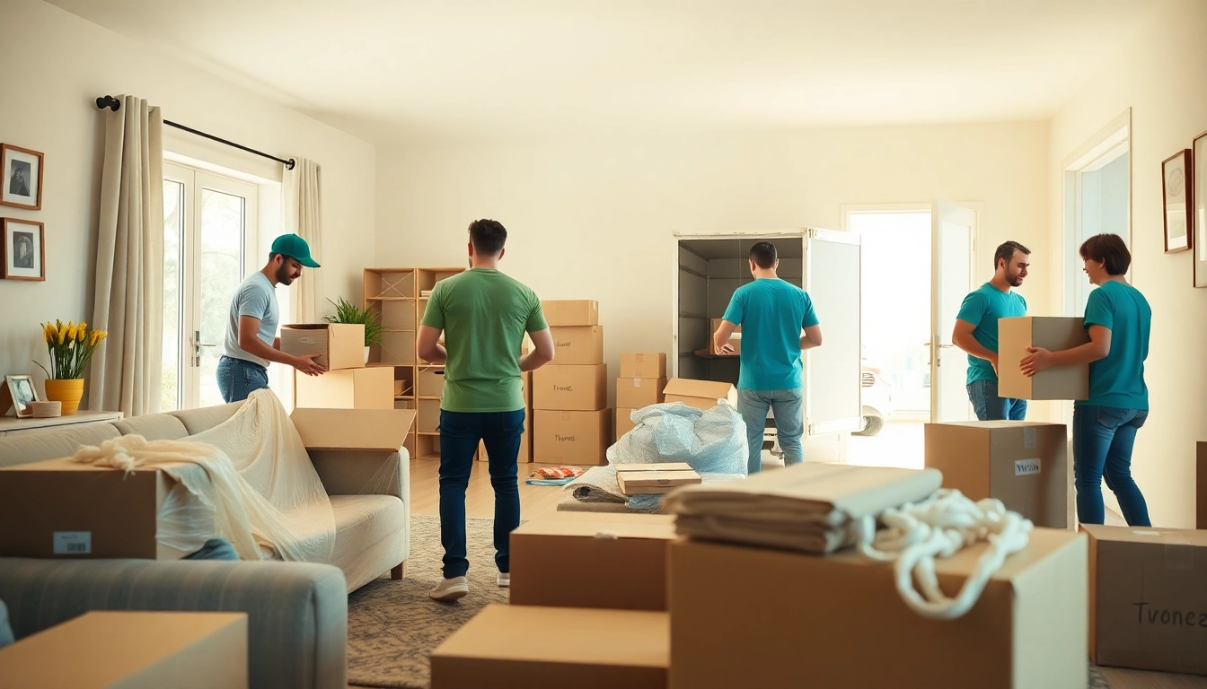 Movers from https://starvanlinesmovers.com efficiently packing items in a bright living room.