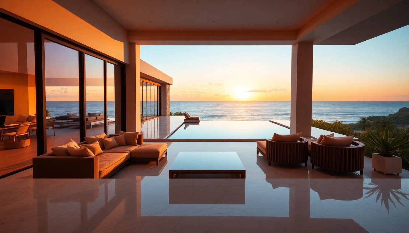 Showcasing luxury international real estate, a stunning villa by the ocean at sunset.