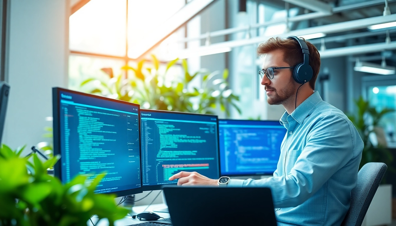 Showcasing Cloud infrastructure and DevOps services in a dynamic digital workspace with a DevOps engineer.