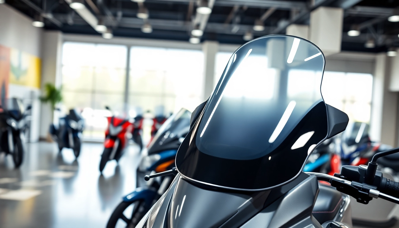 Explore motorcycle windscreens showcased in a modern showroom environment.