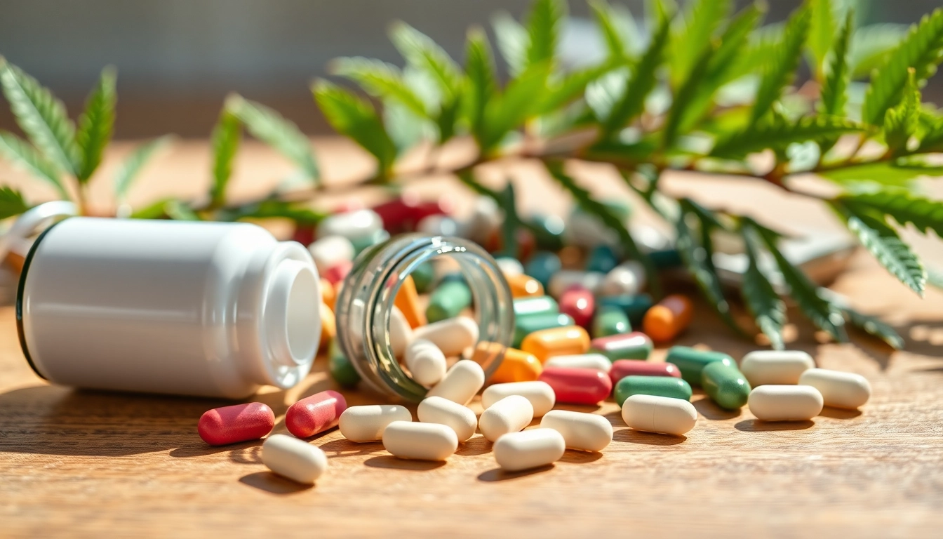 Display of cbd tablets spilling from a bottle against a natural wooden background.