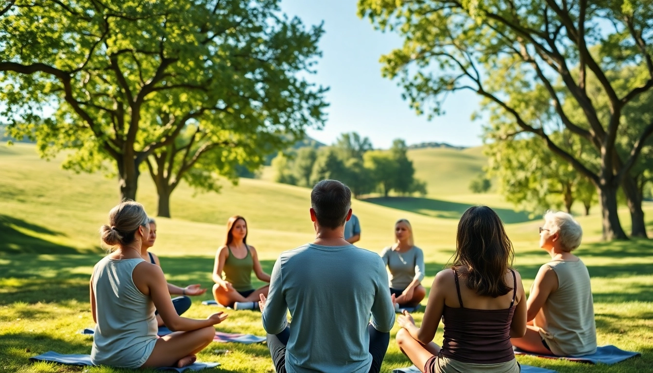 Engaged participants dealing with stress during an outdoor meditation session.
