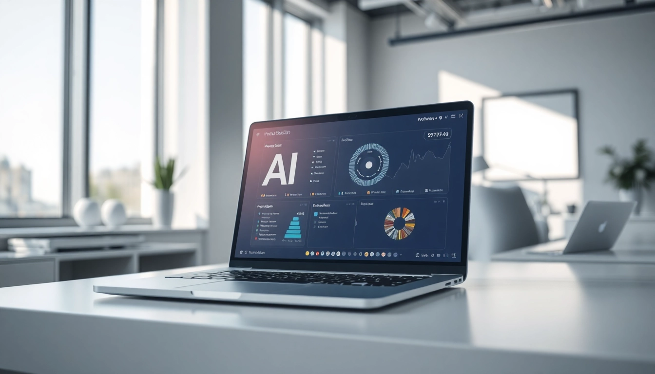 Evaluate text authenticity using AI detection in a modern workspace with high-tech elements.