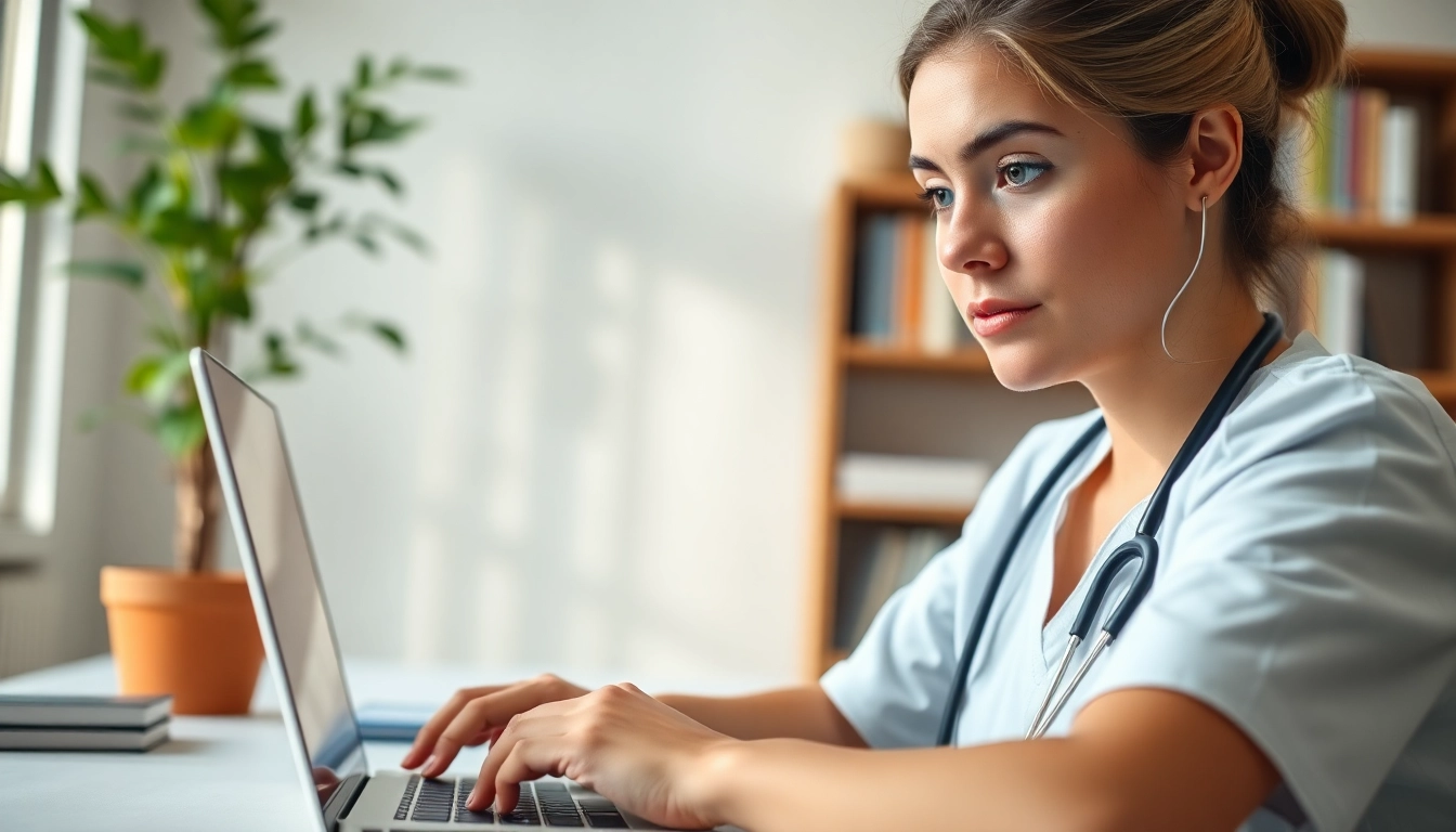 Nurse engaging in rn ceus online learning in a tranquil workspace setting.