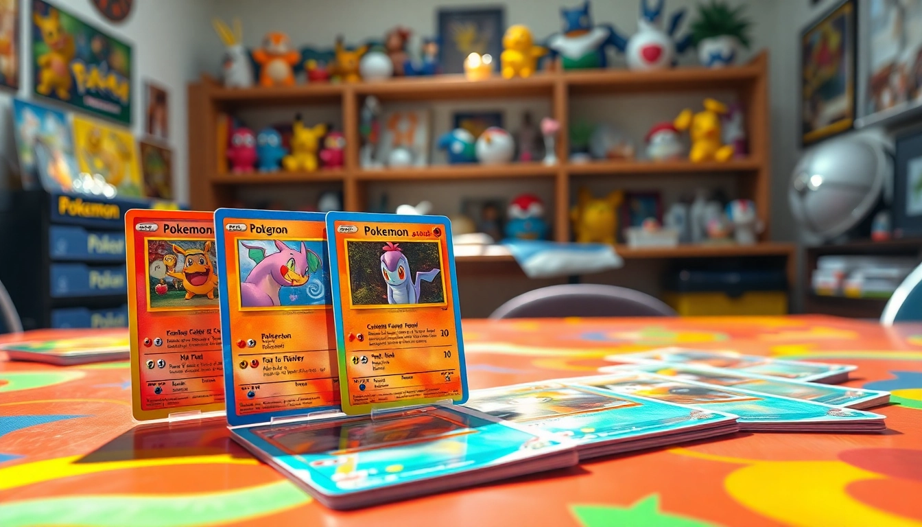 Showcase of real pokemon cards with holographic features in a vibrant gaming environment.