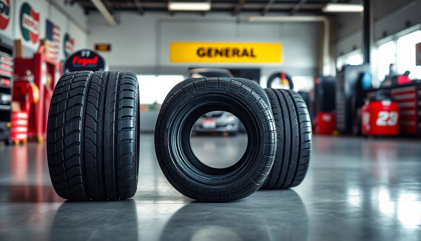 Showcase General tires emphasizing quality and durability on a showroom floor.